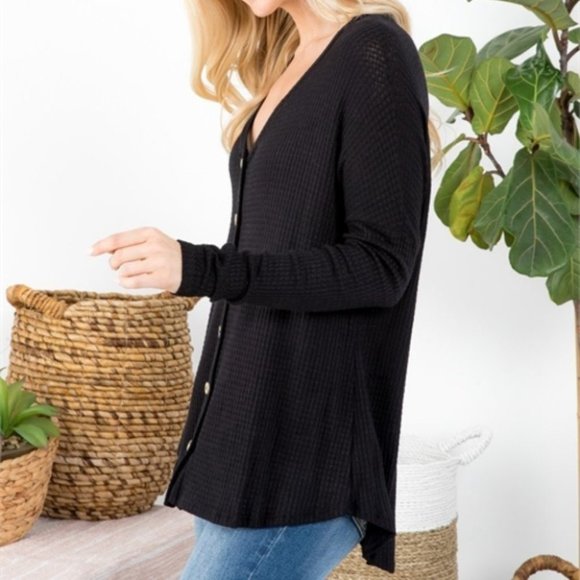 BLACK CASUAL BUTTON DETAIL LONG SLEEVE TOP - Picture 4 of 8